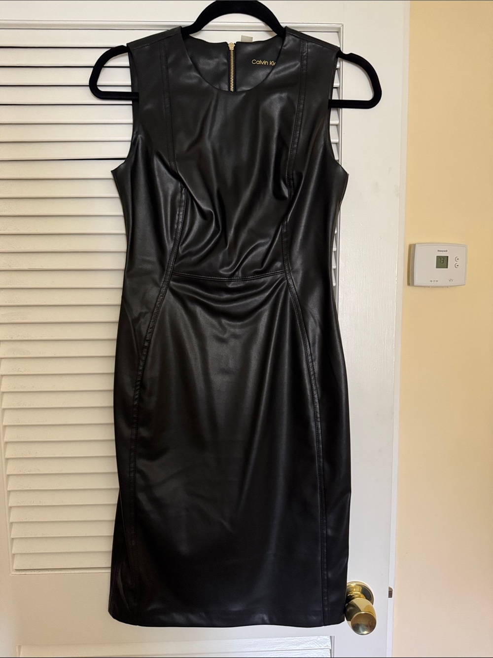 Calvin Klein Black Faux Leather Midi Sheath Dress